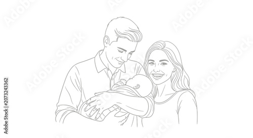 Young Parents Holding Their Newborn Baby Line Art Illustration