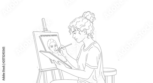 Young Woman Drawing a Portrait on an Easel Line Art
