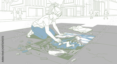 Young Woman Creating Artistic Chalk Drawing on City Sidewalk