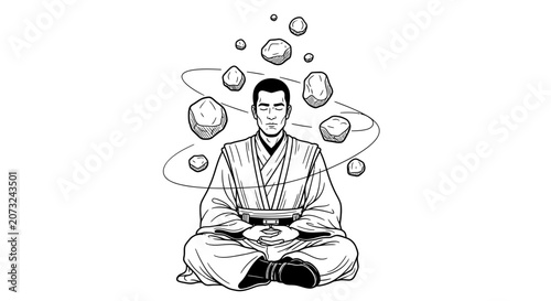Zen Monk Meditating with Floating Stones Line Art
