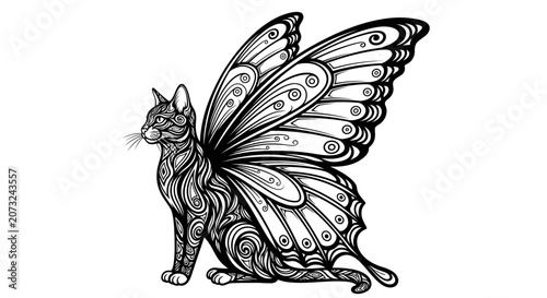 Zentangle Cat with Butterfly Wings Line Art