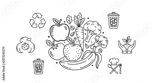 Zero Waste Food Icons and Fresh Produce Illustration
