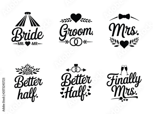 Foto Wedding typography phrases with decorative elements on white background