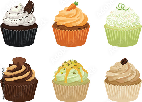 Set of assorted delicious frosted cupcake illustrations with chocolate vanilla pistachio carrot and coffee flavors isolated on white background