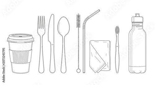 Zero Waste Lifestyle Eco Friendly Reusable Items Line Art Illustration