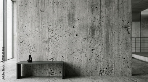 Modern interior design with console table against raw concrete wall, concrete