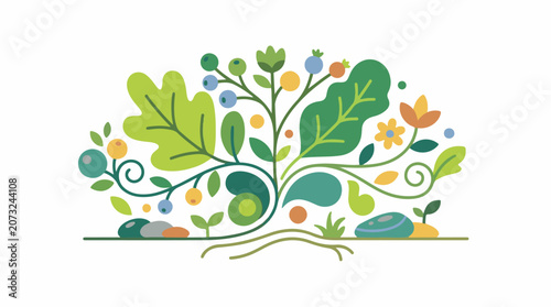 A colorful tree with leaves flowers and berries on a white background
