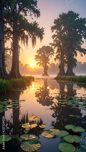 Serene swamp sunrise with cypress trees and lily pads.