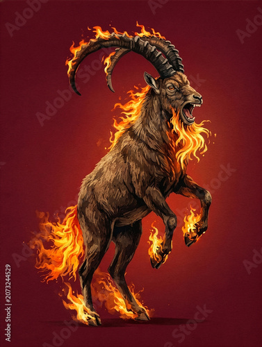 Rearing Up Flaming Mythical Goat Illustration Fierce Fantasy Creature with Fire and Large Horns on Dark Red Background