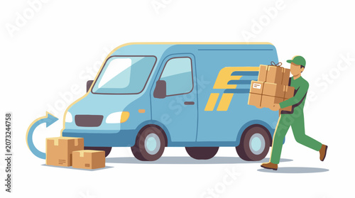 A delivery person in green uniform carrying boxes to a blue van