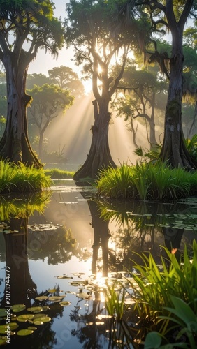 Misty swamp with sunlight filtering through cypress trees.
