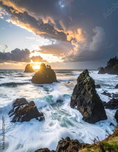 Dramatic sunset over the rugged Oregon coast with crashing waves and sea stacks.