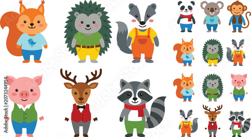 Canvas Print Cute Cartoon Forest Animals Set with Flat Vector Illustrations of Dressed Woodla