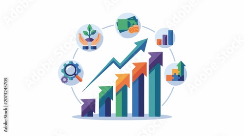 A colorful infographic depicting business growth with graphs arrows and icons