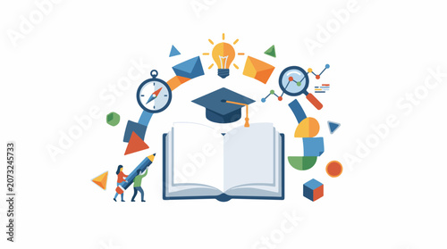 A colorful illustration of education and learning with a graduation cap on an open book