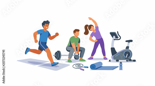 A colorful illustration of three people engaging in various fitness activities (1)