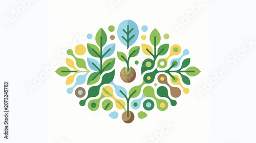 A colorful illustration of a stylized tree with green leaves and roots