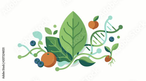 A colorful illustration of a leafy green plant with fruits and DNA