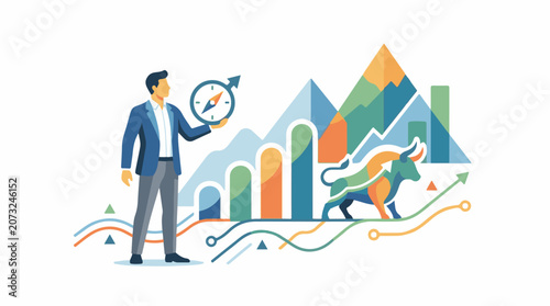 A colorful illustration of a man holding a compass with a bull and graphs