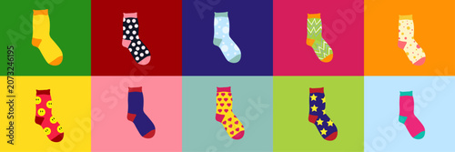 Creative pop art composition with colorful socks arranged in bright geometric squares. Modern fashion-inspired illustration suitable for posters, apparel advertising, social media graphics and textile