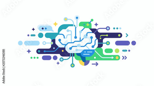 A colorful illustration of a brain with circuit board elements and various shapes