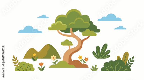 A colorful cartoon tree with flowers and bushes on a green hill