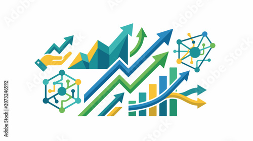 A colorful abstract graphic depicting growing trends with arrows and molecular structures