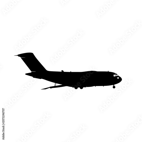 Foto Silhouette of a military transport aircraft cargo plane with aircraft, airplane
