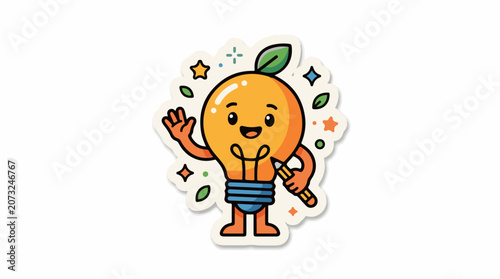 A cartoon orange character with a leaf on its head wearing blue shorts