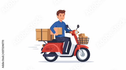 A cartoon man in a blue shirt rides a red scooter with packages