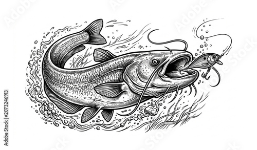Catfish and Fishing Bait Monochrome Vector Illustration