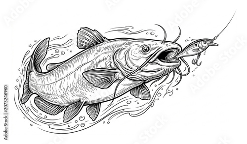 Catfish Catching Fishing Lure Black and White Vector