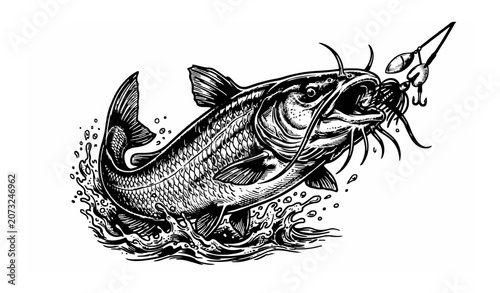 Catfish Striking Fishing Lure Line Art Vector