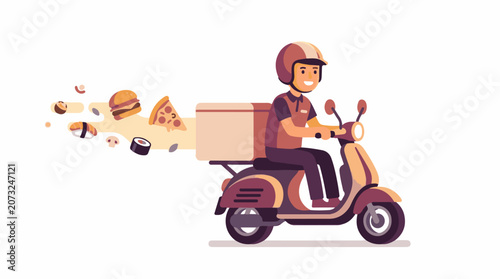 A cartoon delivery person rides a scooter with food flying out