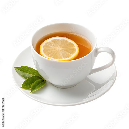 A cup of herbal tea with lemon slice, isolated on transparent background