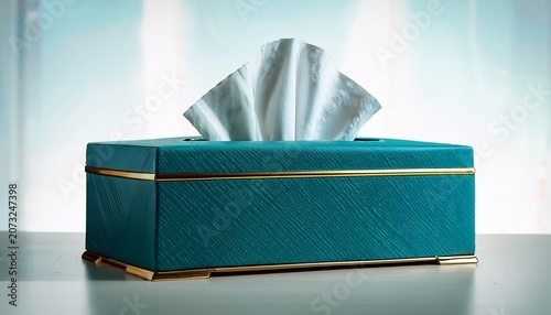 elegant teal tissue box with gold accents and white tissues