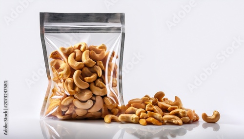 clear pouch bag filled with roasted cashews on a white background