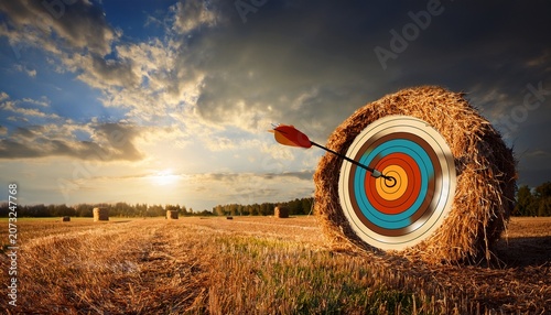 arrow hitting bullseye on haystack target