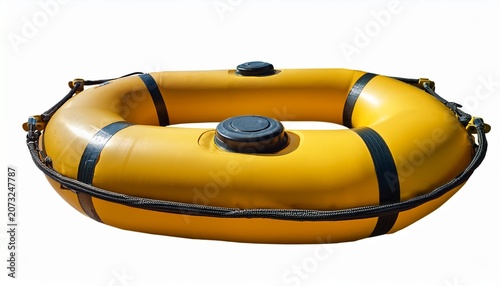 a yellow inflatable life raft with a cylindrical related component