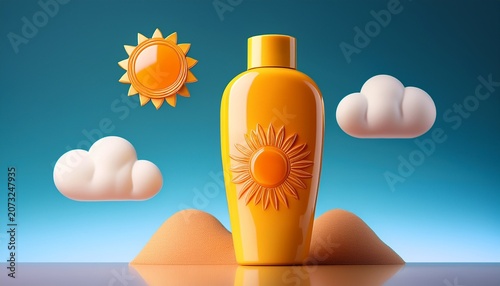 a 3d rendered jar of sunscreen decorated with a sun and cloud