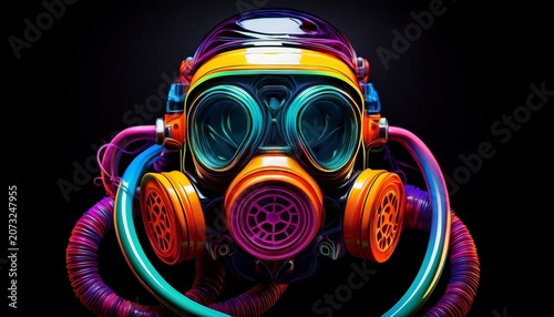 stylized brightly colored respirator with hose isolated on black