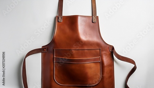stylish leather apron with front pocket and brown straps against a white backdrop