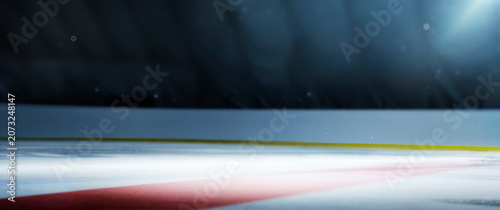 Ice rink. A place to relax during the Christmas holidays. Indoor hockey arena. Ice close-up. Panorama. Mockup