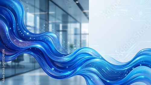 Abstract blue fluid waves with soft gradients and futuristic technology style, clean corporate background, modern business presentation design, vibrant colors, copy space, ultra detailed.