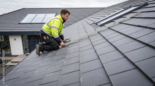 Professional Roofer Installing Grey Slate Tiles on a Modern Residential House Roof with Skylights