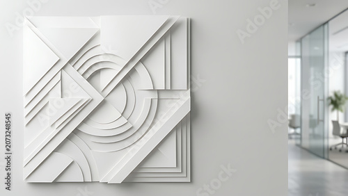 Abstract geometric white paper layers with soft shadows, minimal corporate background, clean luxury presentation template, elegant modern design, copy space.