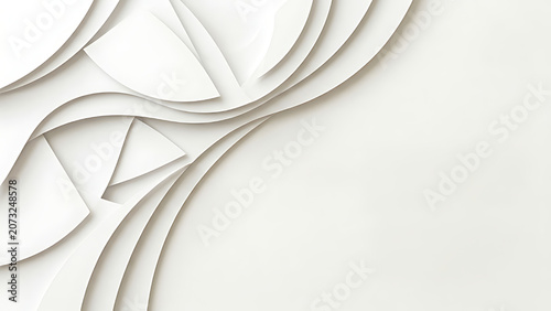 Abstract geometric white paper layers with soft shadows, minimal corporate background, clean luxury presentation template, elegant modern design, copy space.