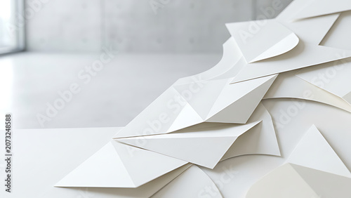 Abstract geometric white paper layers with soft shadows, minimal corporate background, clean luxury presentation template, elegant modern design, copy space.
