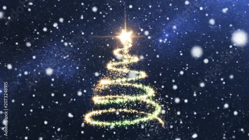 Christmas tree formed by sparkling golden lights glows against a dark starry background while soft snowflakes fall gently through the night air.