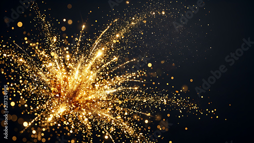Golden glitter explosion on dark background with luxury festive atmosphere, premium celebration wallpaper, elegant commercial design, sparkling particles, copy space.